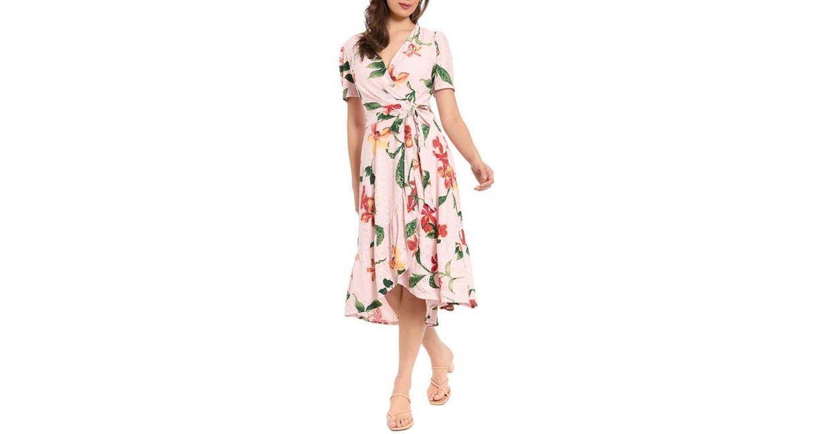 London Times Floral Eyelet Short Sleeve Faux Wrap Dress in Red | Lyst