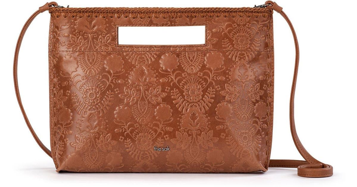 The Sak Linden Leather Crossbody Bag In Tobacco Floral Embossed At