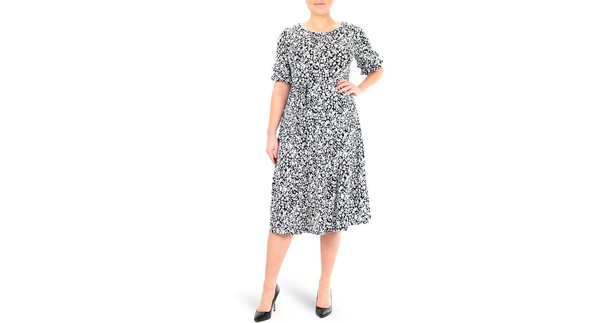 Nina Leonard Puff Print Ruffle Elbow Sleeve Midi Dress In Black White