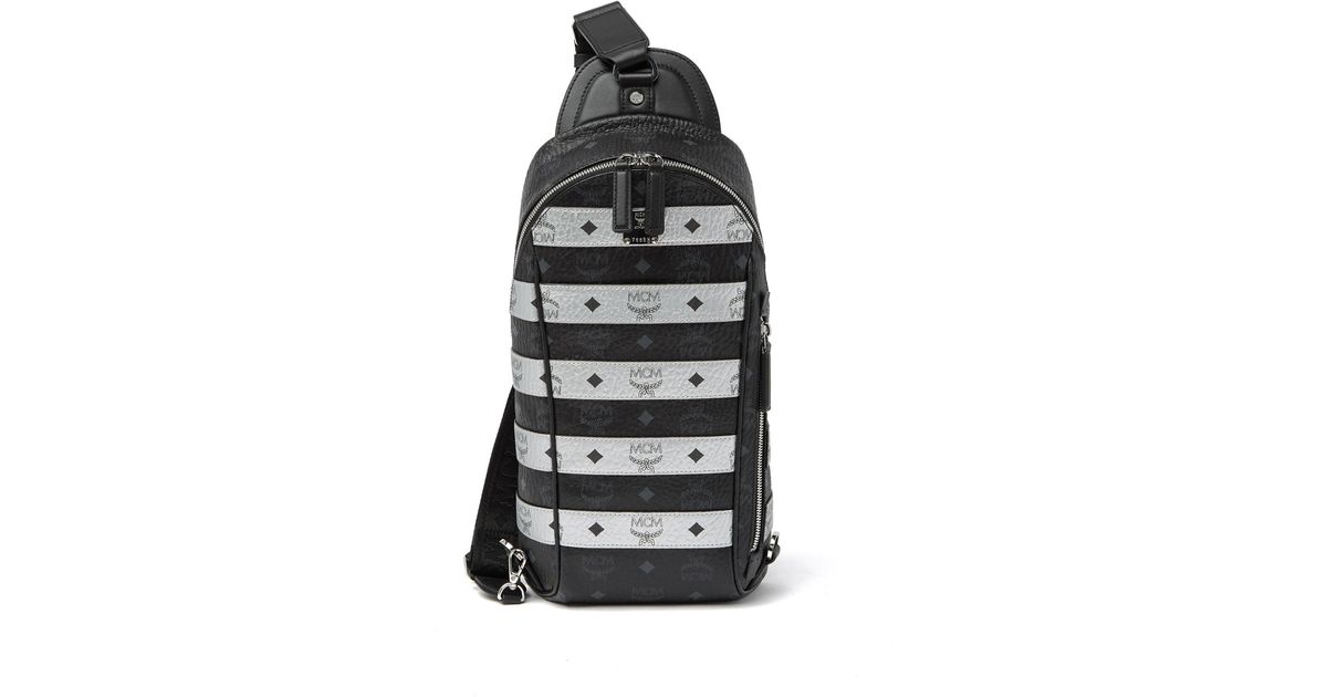 MCM Visetos Spot Medium Unisex Sling Bag One Shoulder Backpack Black Silver