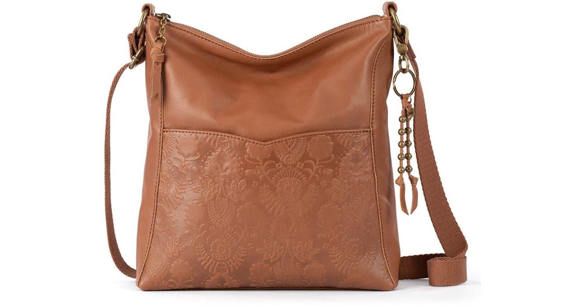 The Sak Lucia Leather Crossbody Bag In Tobacco Floral Embossed At