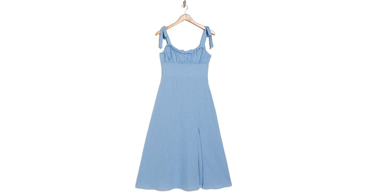 Wayf Ruched Tie Strap Linen Blend Midi Dress in Blue Lyst