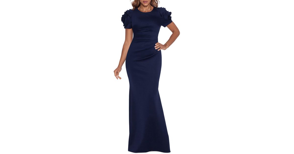 Xscape Ruffle Short Sleeve Scuba Gown In Midnight At Nordstrom Rack in
