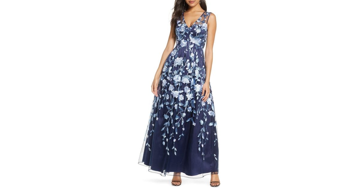 Eliza J Floral Embroidered A-line Mesh Gown in Blue | Lyst