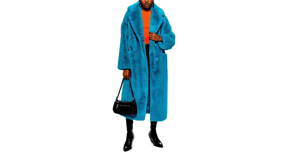 TOPSHOP Luxe Faux Fur Coat in Teal (Blue) | Lyst