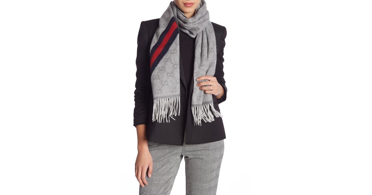 gucci fringe logo wool blend scarf