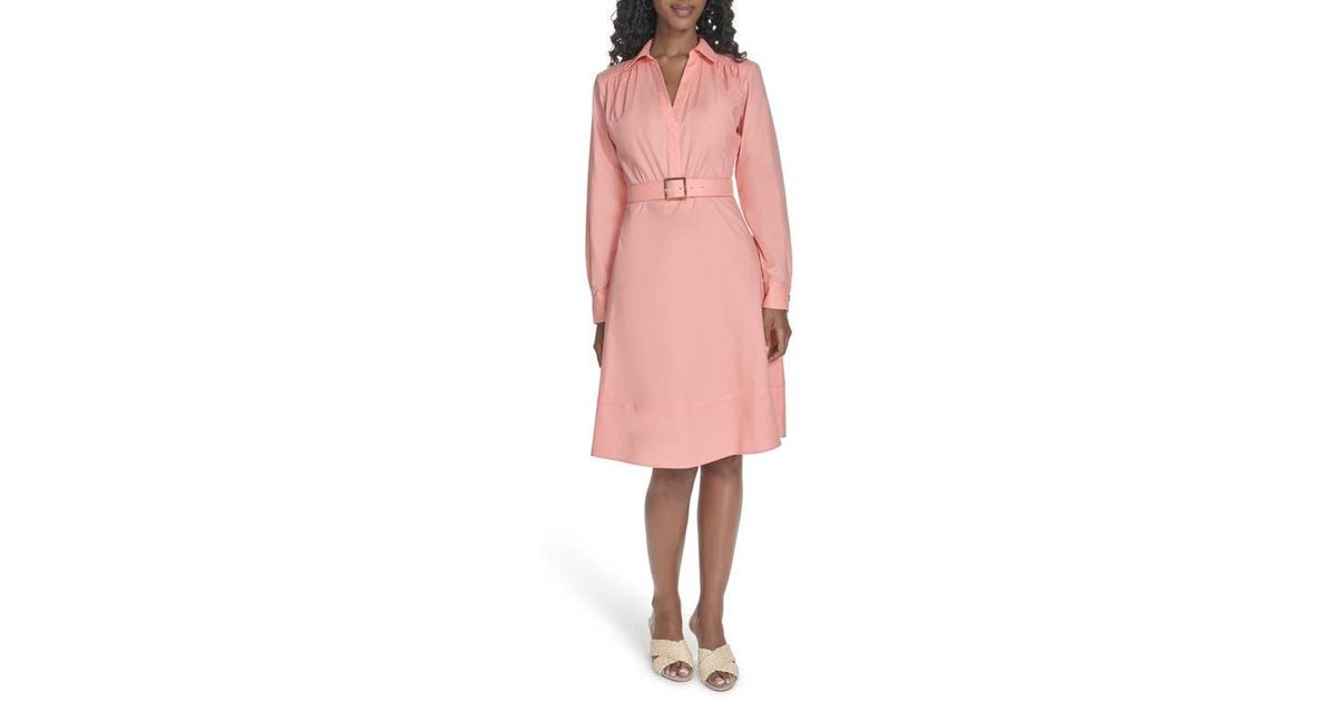 Calvin Klein Belted Long Sleeve Dress in Orange | Lyst Calvin Klein Belted Long Sleeve Dress in Orange | Lyst