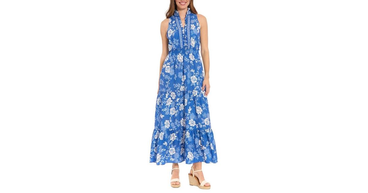 London Times Ruffle Neck Smocked Waist Maxi Dress in Blue | Lyst