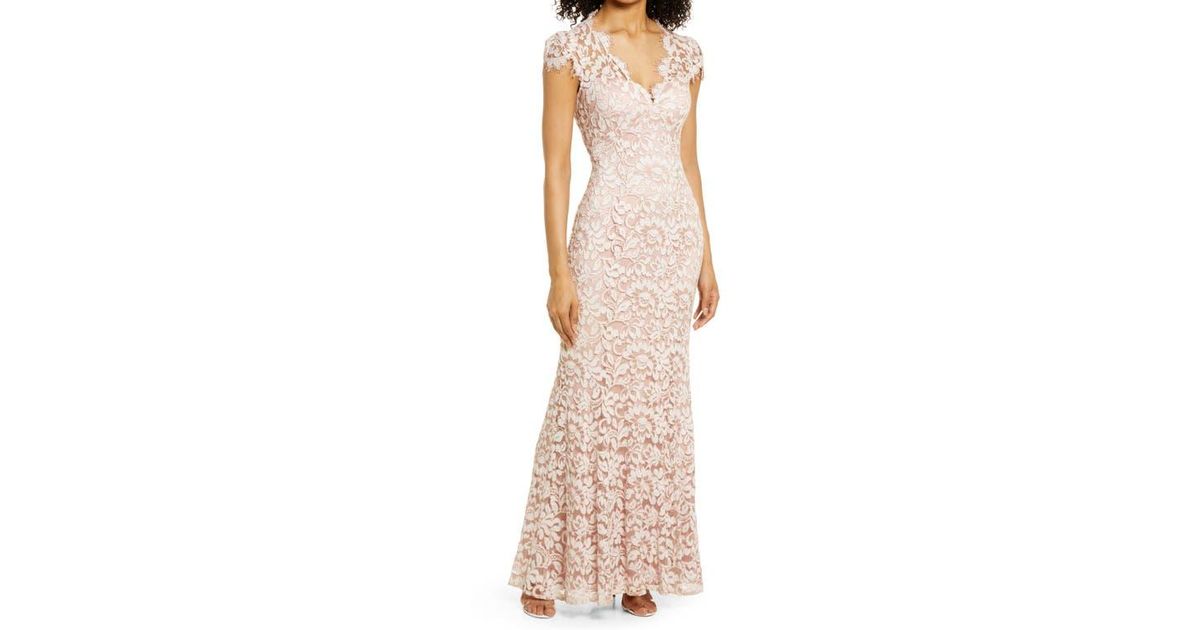 Eliza J Illusion Yoke Lace Trumpet Gown in Natural | Lyst Eliza J Illusion Yoke Lace Trumpet Gown in Natural | Lyst