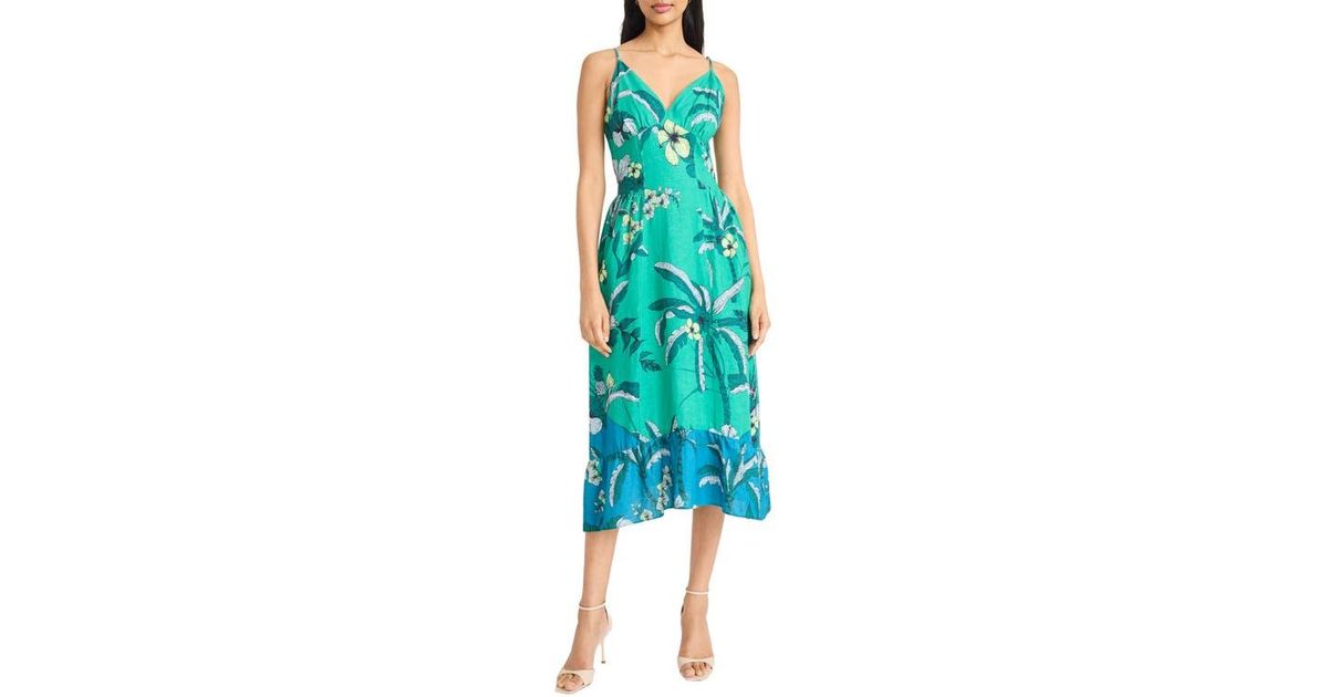 DONNA MORGAN FOR MAGGY Floral Linen Blend Fit & Flare Midi Dress in Blue |  Lyst