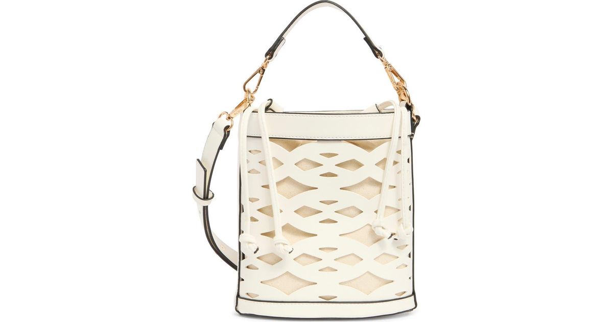BCBGMAXAZRIA Woven Laser Cut Bucket Bag in White | Lyst