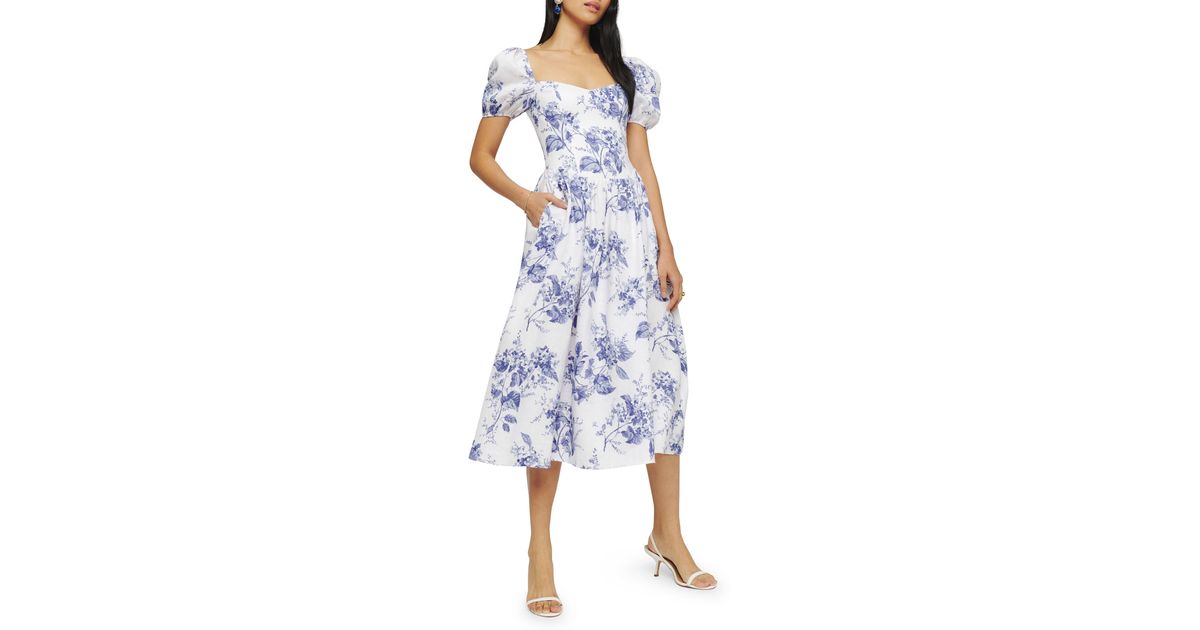 Reformation Davila Floral Print Puff Sleeve Linen Midi Dress in Blue