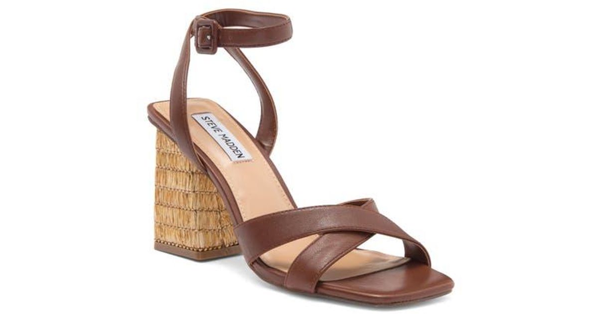 【レディース】Steve Madden Renley Block Heel サンダル RENLEY Brown Leather Raffia Block Heel | Women's Heels