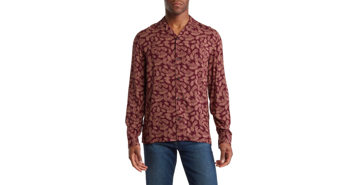 Abound Long Sleeve Camp Collar Shirt In Tan Burg Leaf Print At