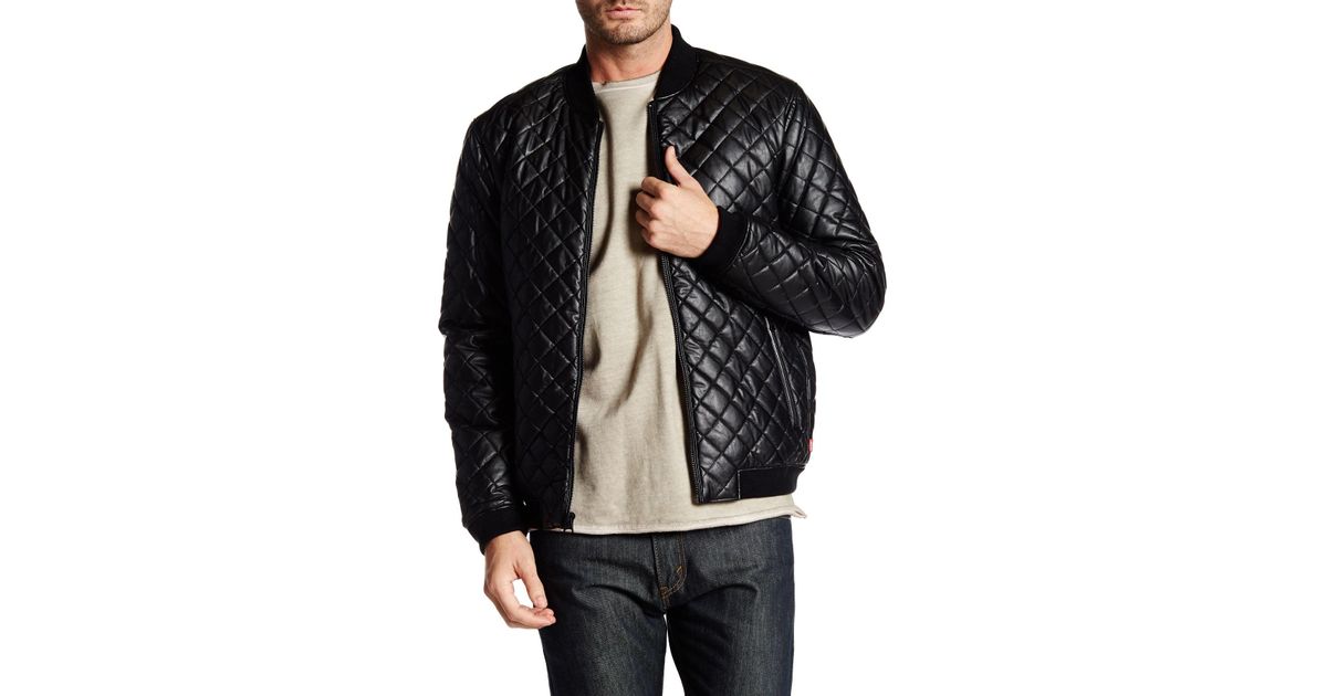 Levi's Faux Leather Diamond Quilted Puffer Bomber Jacket in Black 
