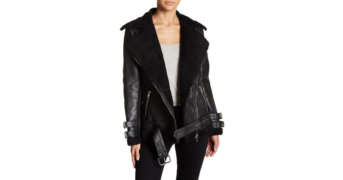Lyst Walter Baker Genuine Leather Faux Shearling Asymmetrical Zip Lyst Walter Baker Genuine Leather Faux Shearling Asymmetrical Zip Up Jacket In Black