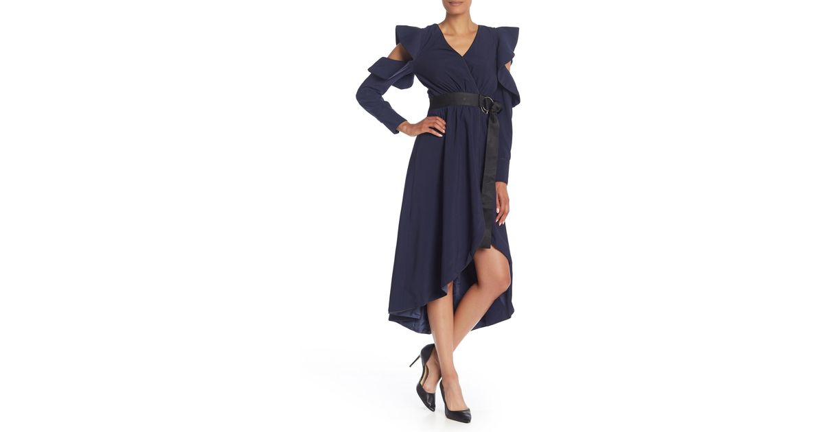 ruffle cold shoulder high low midi