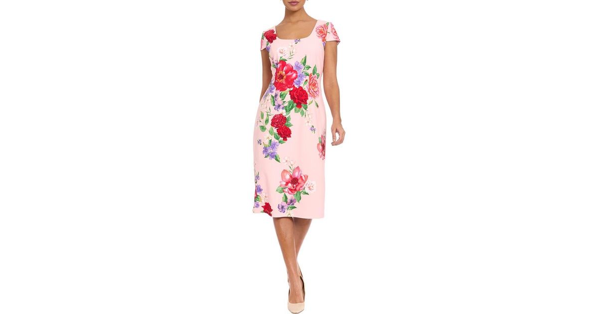 London Times Floral Square Neck Cap Sleeve Sheath Midi Dress in Red | Lyst