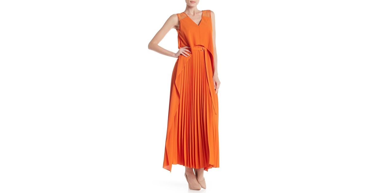 orange pleated maxi dress