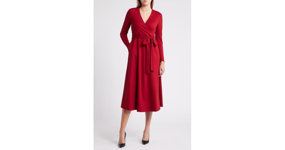 Anne Klein Serenity Long Sleeve Faux Wrap Dress in Red | Lyst