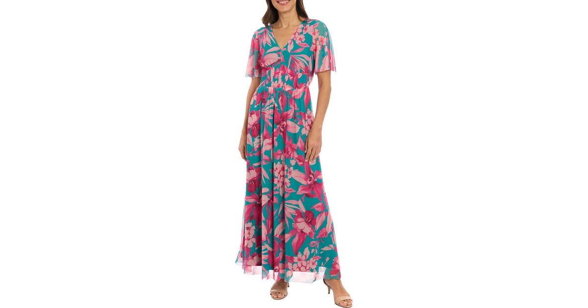 London Times Floral Smocked Flutter Sleeve Mesh Maxi Dress in Blue | Lyst