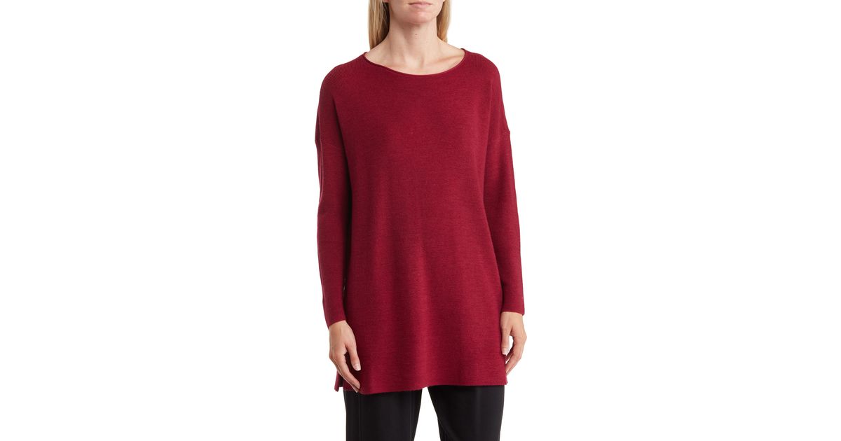 Eileen Fisher Bateau Long Sleeve Merino Wool Tunic Top in Red | Lyst