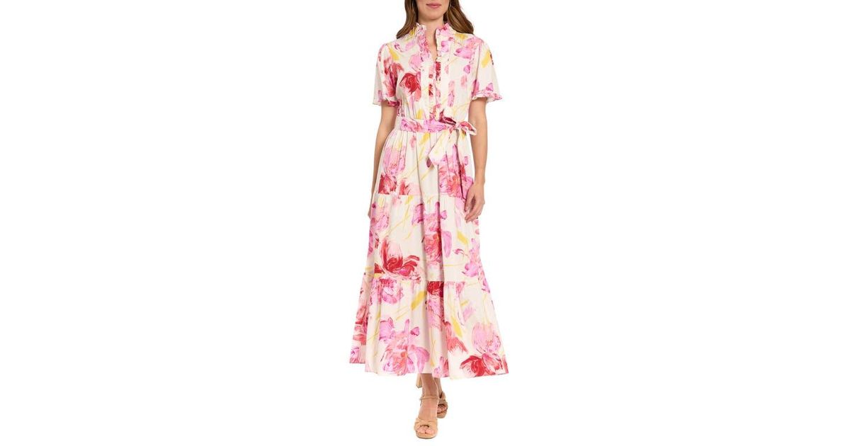 London Times Ruffle Neck Maxi Dress in Pink | Lyst