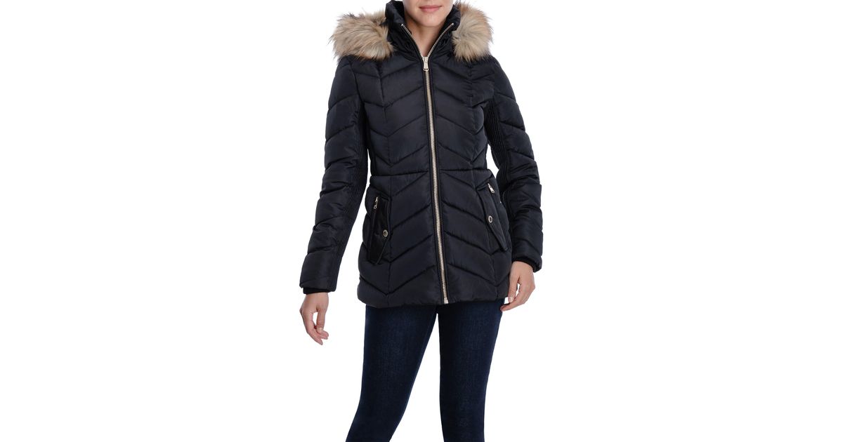 London Fog Faux Fur Trim Hooded Waterresistant Puffer Jacket In Black