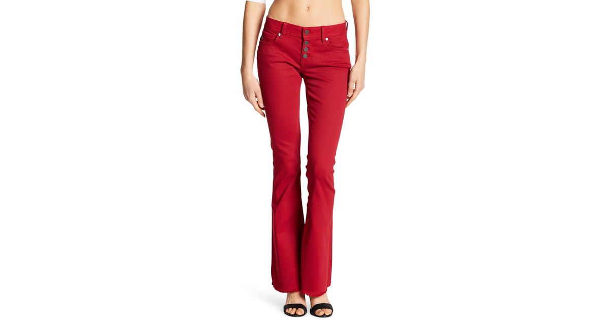 Miss Me Denim Red Raw Edge Flare Jeans 