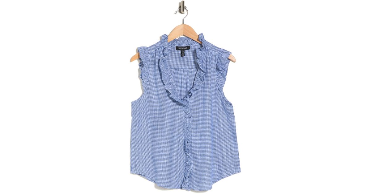 Ellen Tracy Ruffle Linen Blend Shirt in Blue | Lyst