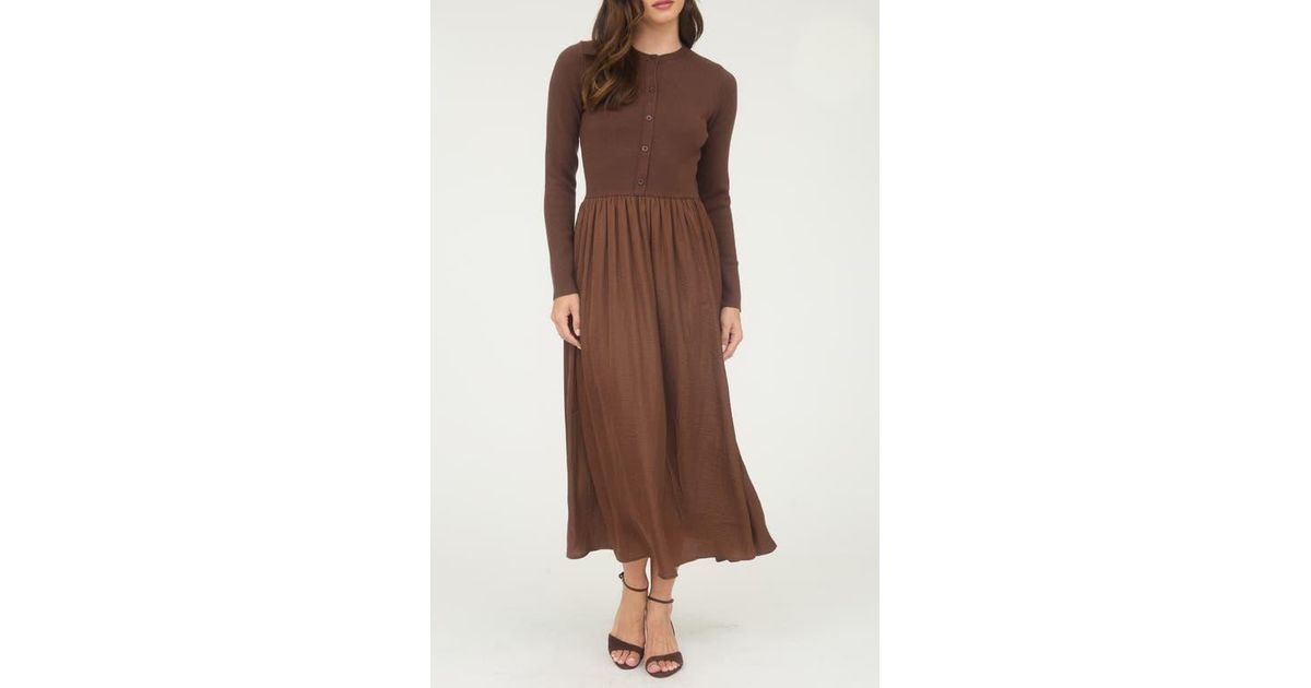 AUGUST SKY Mixed Media Long Sleeve Maxi Dress in Brown | Lyst