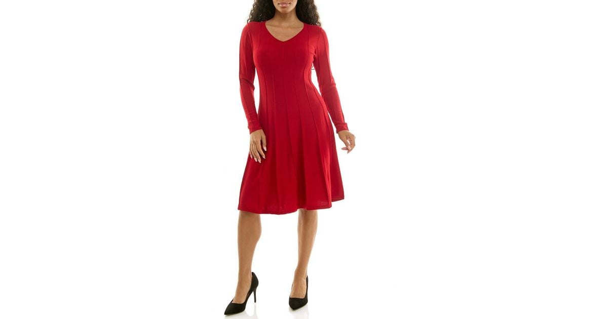 Nina Leonard Long Sleeve A-Line Sweater Dress in Red | Lyst