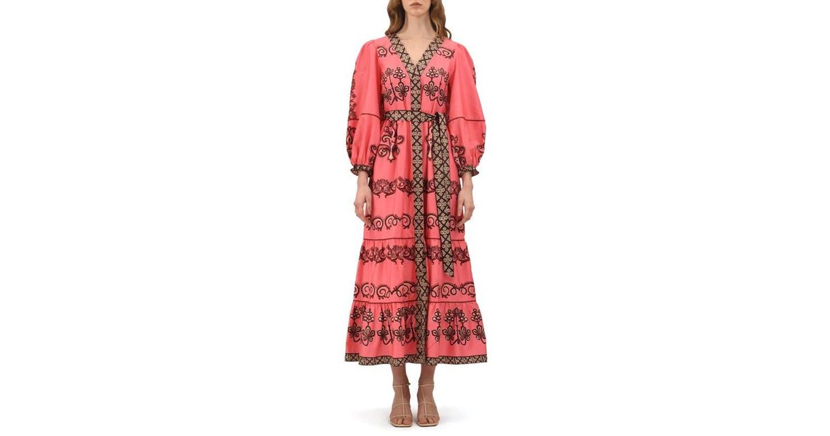 CELINA MOON Myrna Floral Long Sleeve Cotton Maxi Dress in Red | Lyst