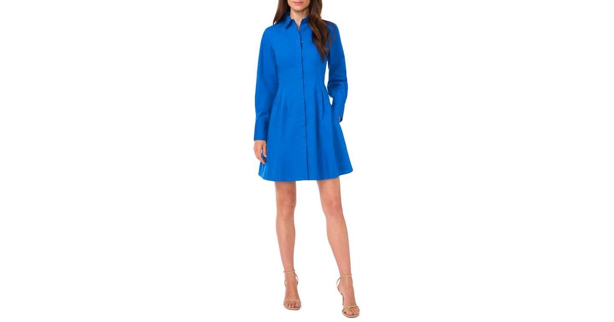 Halogen® Long Sleeve Cotton Fit \u0026 Flare Shirtdress in Blue | Lyst