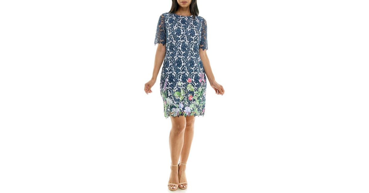 Nina Leonard Floral Border Elbow Sleeve Lace Sheath Dress in Blue | Lyst