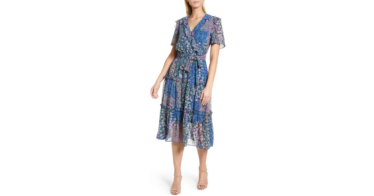 Rachel Parcell Print Ruffle Chiffon Midi Dress in Blue | Lyst