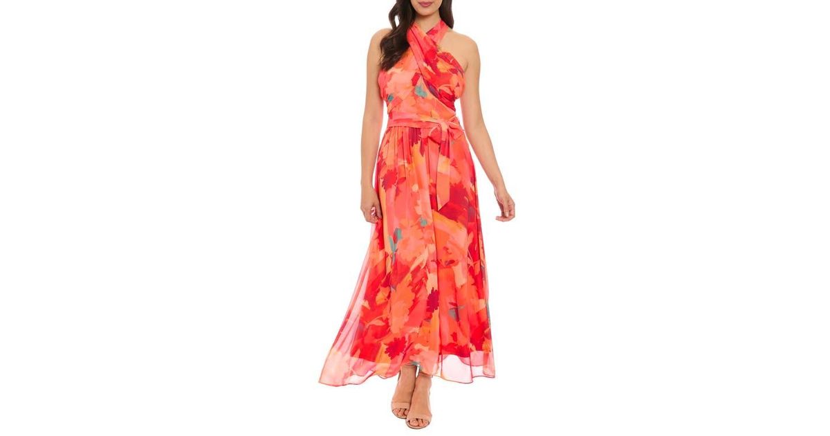 London Times Crossover Halter Neck Chiffon Maxi Dress in Red | Lyst