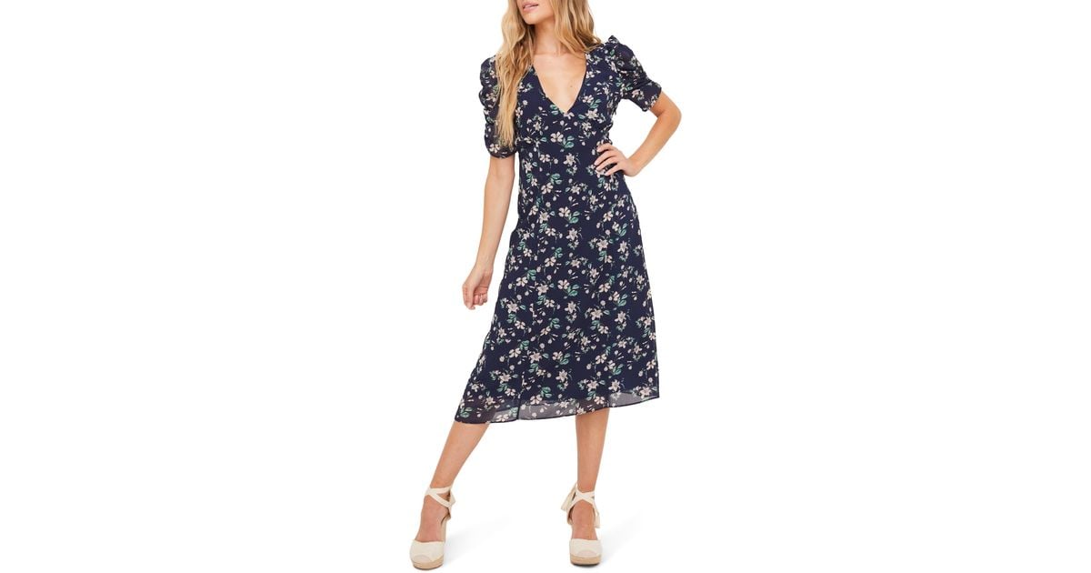 All In Favor Ruched Sleeve Midi Dress In Navy Floral At Nordstrom Rack in  Blue | Lyst