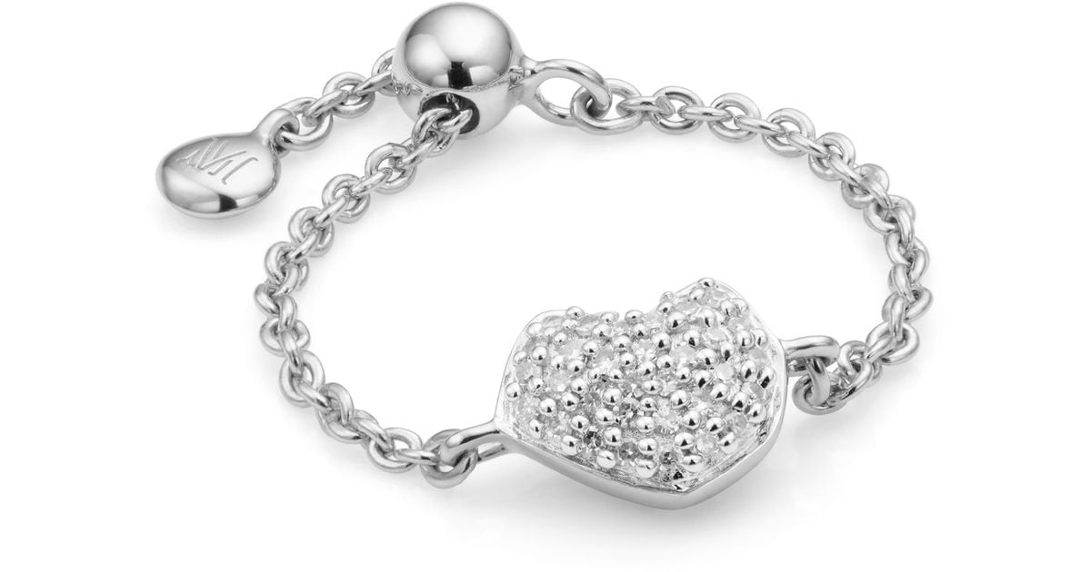 Monica Vinader Nura Mini Heart Friendship Chain Ring in Silver/ Diamond (Metallic) | Lyst