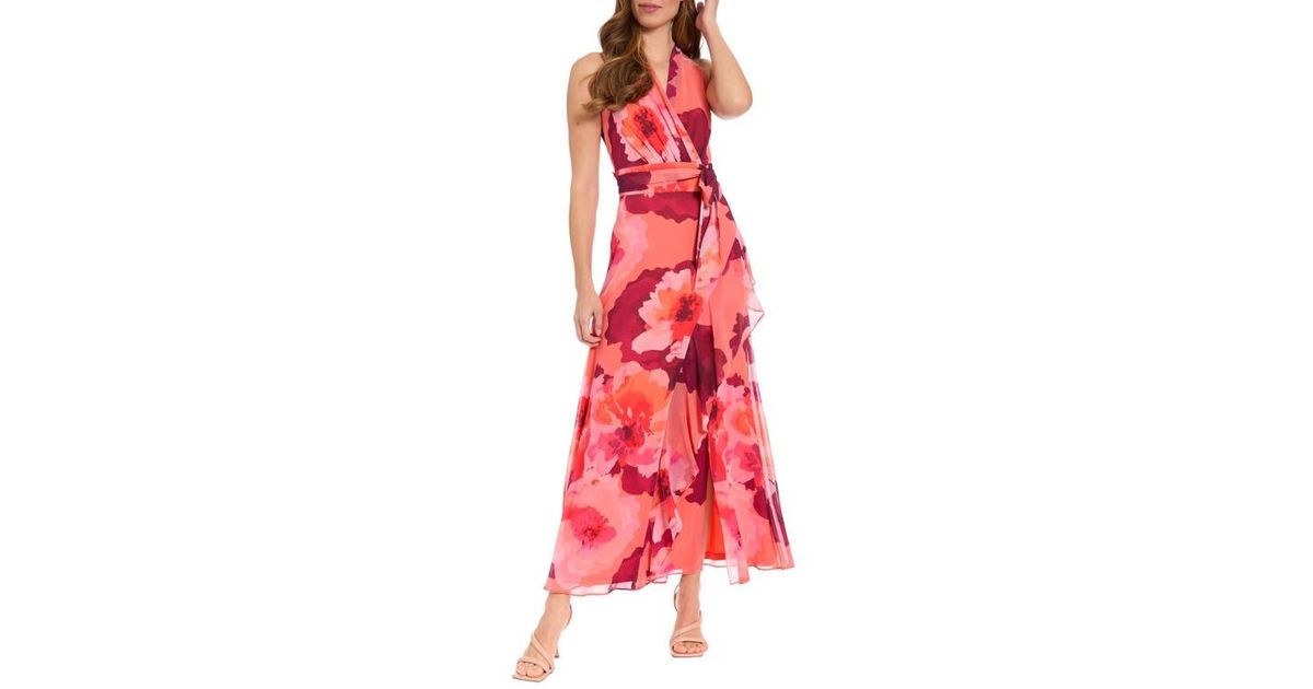 London Times Floral Halter Maxi Dress in Red | Lyst