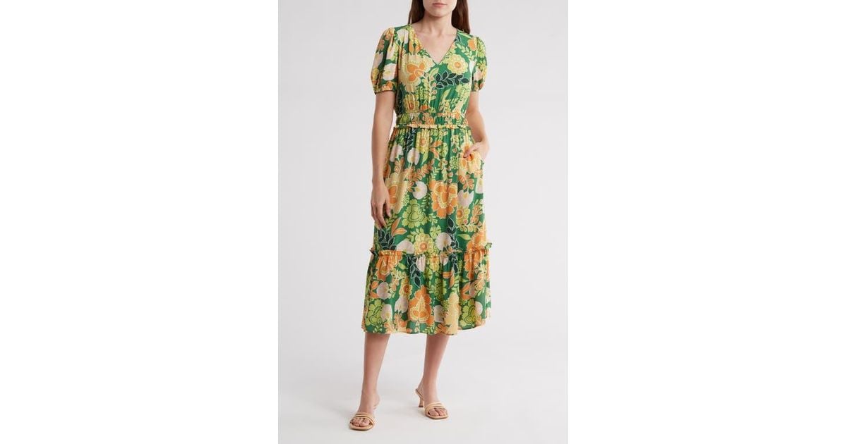 DR2 by Daniel Rainn V Neck Crepe Midi Dress in Green Lyst