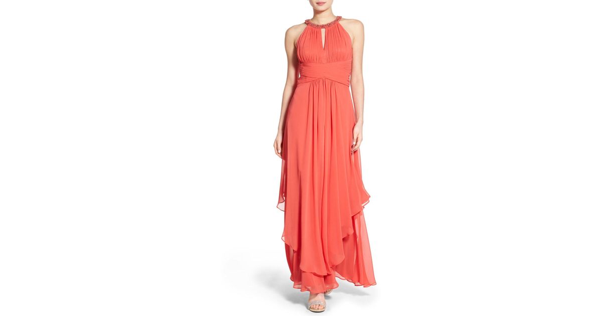 beaded halter tiered chiffon gown eliza j