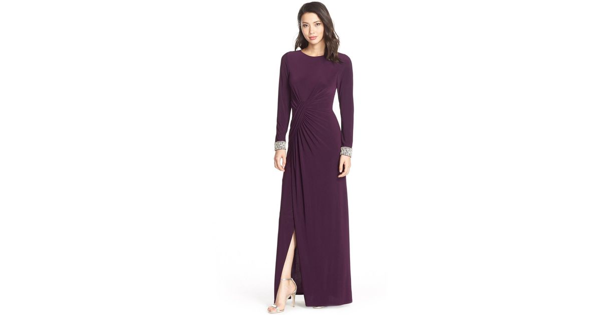 vince camuto beaded cuff ruched jersey gown