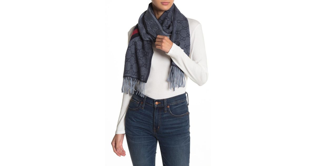 gucci fringe logo wool blend scarf