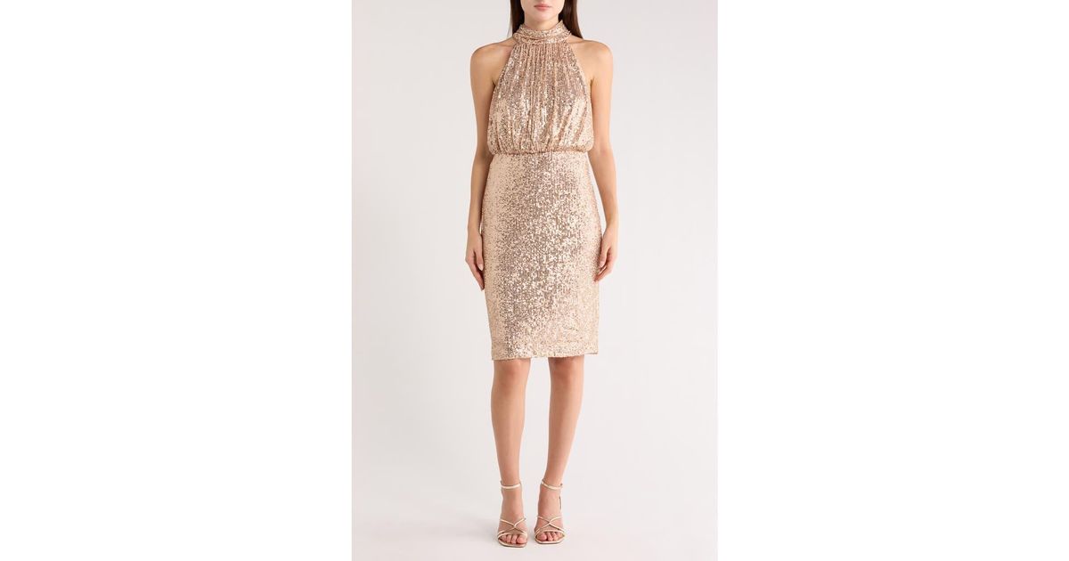 Eliza J Mock Neck Sleeveless Sequin Cocktail Dress in Natural | Lyst