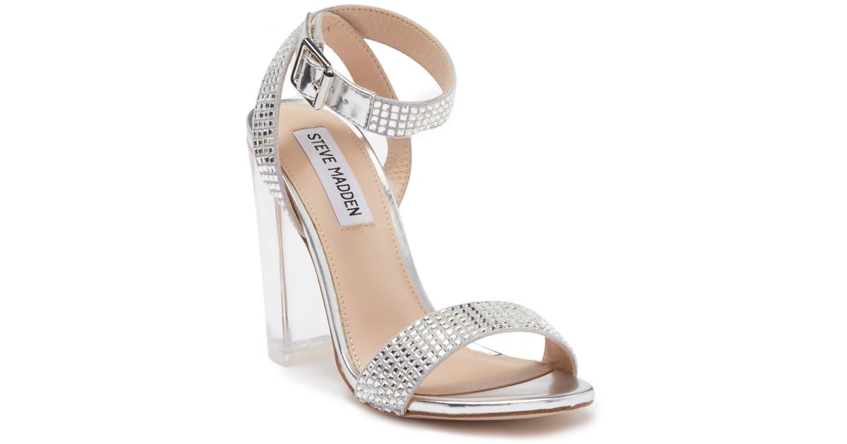 Steve Madden Yaha Clear Heel Rhinestone Sandal in Metallic | Lyst