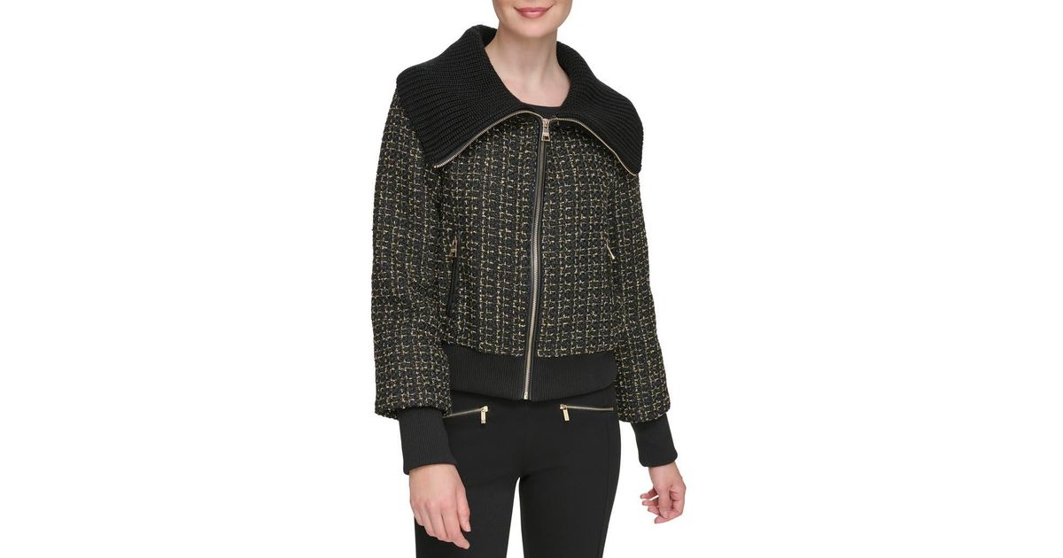 Karl Lagerfeld Knit Collar Metallic Tweed Bomber Jacket in Black | Lyst