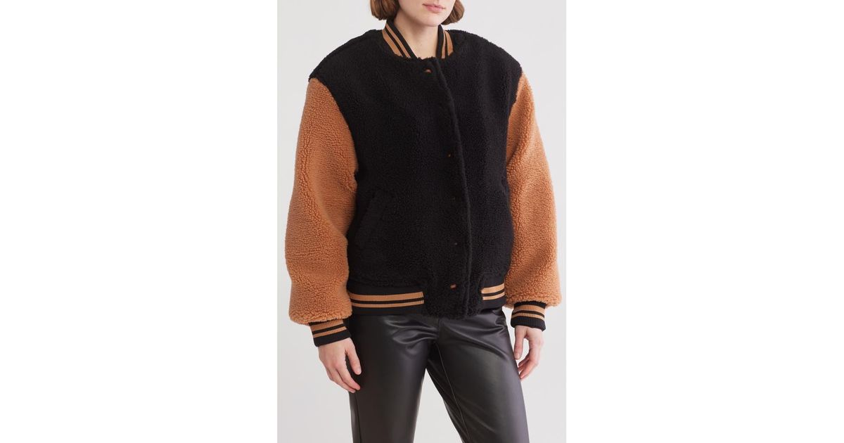 Blank NYC Colorblock High Pile Fleece Bomber Jacket in Black | Lyst
