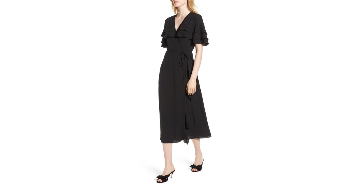 1.STATE Tiered Ruffle Wrap Midi Dress in Black - Lyst