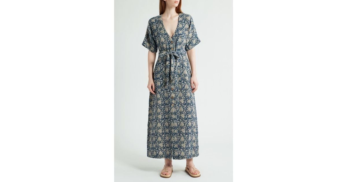 dune cotton gauze camille midi dress Faherty Dune Camille Belted Organic Cotton Gauze Dress in Blue